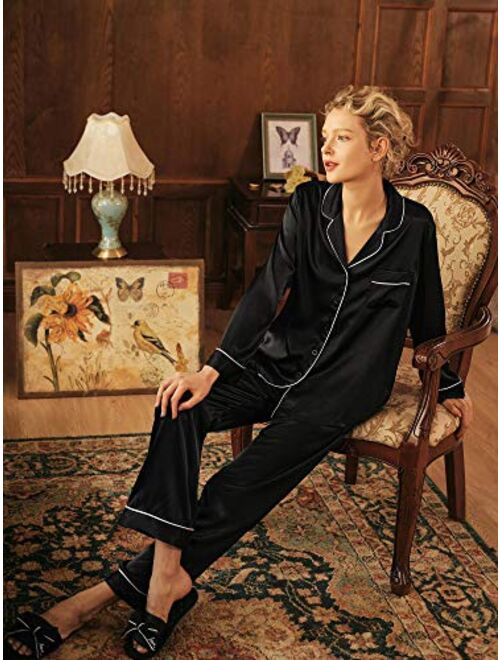 SIORO Women Pajamas Set Satin Long Sleeve Silk Pajamas for Womens, Button Down Nightwear Soft Pj Sets,Small~X-Large
