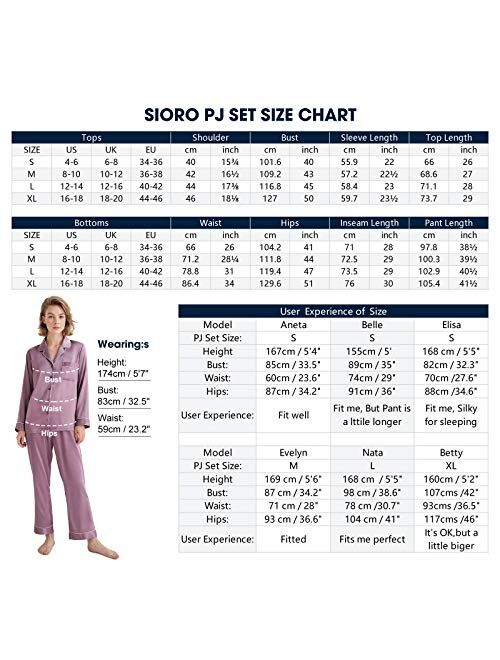 SIORO Women Pajamas Set Satin Long Sleeve Silk Pajamas for Womens, Button Down Nightwear Soft Pj Sets,Small~X-Large