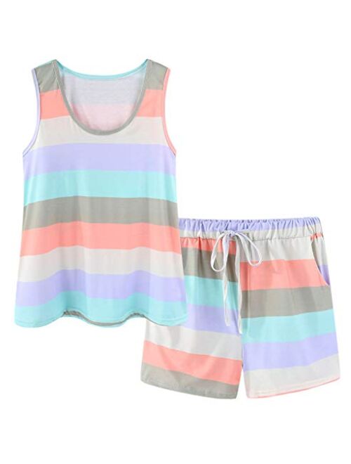CHUNG Women's Cute Cotton Pajama Set Cartoon Tank Tee Shorts Sleepwear Summer Plus Size Stripe Shoties
