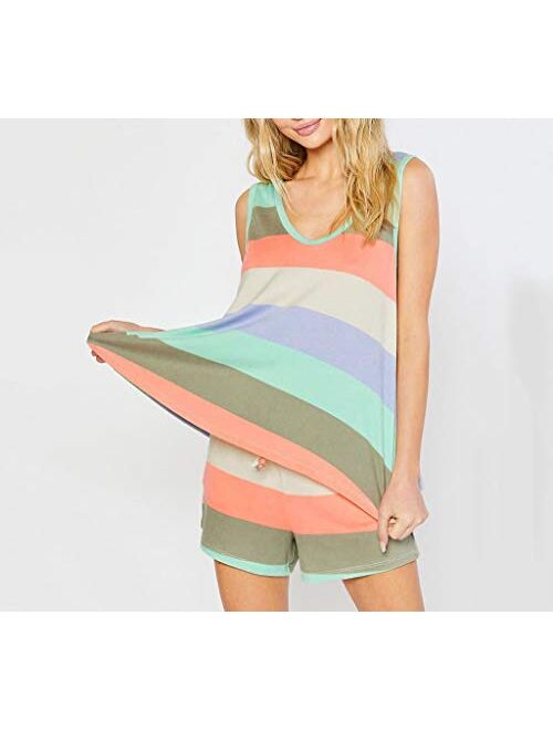 CHUNG Women's Cute Cotton Pajama Set Cartoon Tank Tee Shorts Sleepwear Summer Plus Size Stripe Shoties