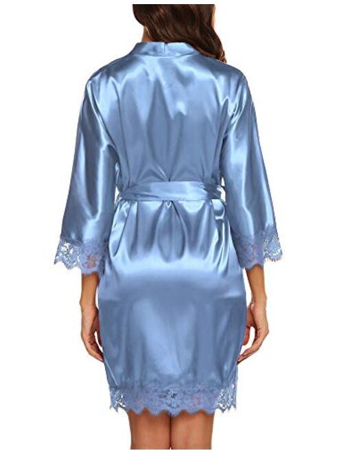 URRU Women's Satin Silk Bathrobe Oblique V-Neck Short Kimono Robe Bridesmaids Robe S-XXXL