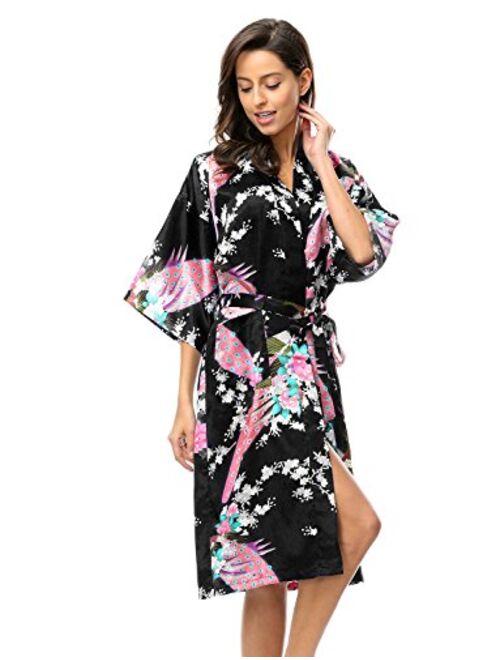 CHENXI Womens Silk Satin Kimono Robes Long Sleepwear Dressing Gown Printed Pattern