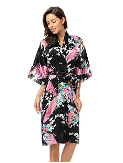 CHENXI Womens Silk Satin Kimono Robes Long Sleepwear Dressing Gown Printed Pattern