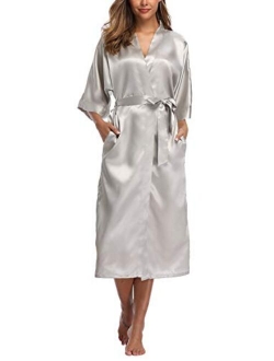 Womens Pure Color Long Satin Bathrobe Kimono Nightgown Long Dress Gown