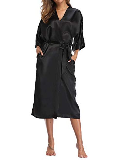 Womens Pure Color Long Satin Bathrobe Kimono Nightgown Long Dress Gown