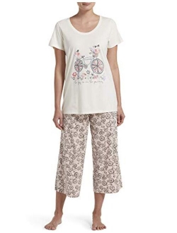 Women's Printed Knit Short Sleeve Tee and Capri 2 Piece Pajama Set