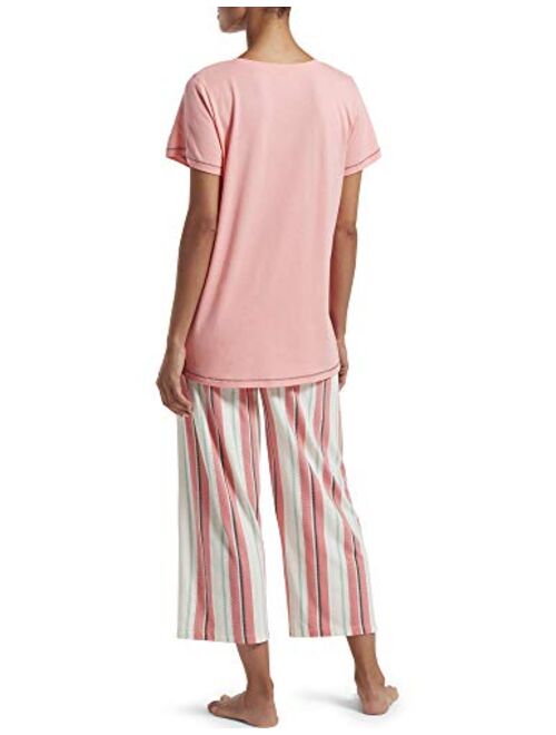 HUE Women's Printed Knit Short Sleeve Tee and Capri 2 Piece Pajama Set