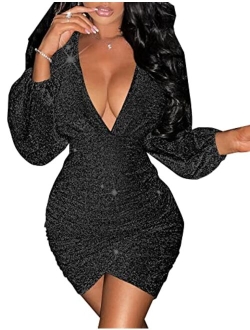 BestGirl Women's Sexy Dress Deep V Neck Long Sleeve Embellished Ruched Sparkly Bodycon Club Mini Dresses