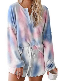 Women's Tie-Dye Pajama-Sets Long-Sleeve Tee Tops and Ruffle Short PJ Set Loungewear Nightwear Sleepwear