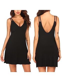 Women's Sling Printing Sleepwear Chemises V-Neck Full Slip Babydoll Nightgown S-XXL