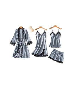 SAPJON Women's 4pcs Silk Satin Pajama Set Cami Top Nightgown Lace Sleepwear Robe Sets Sexy Nightdress with Chest Pads