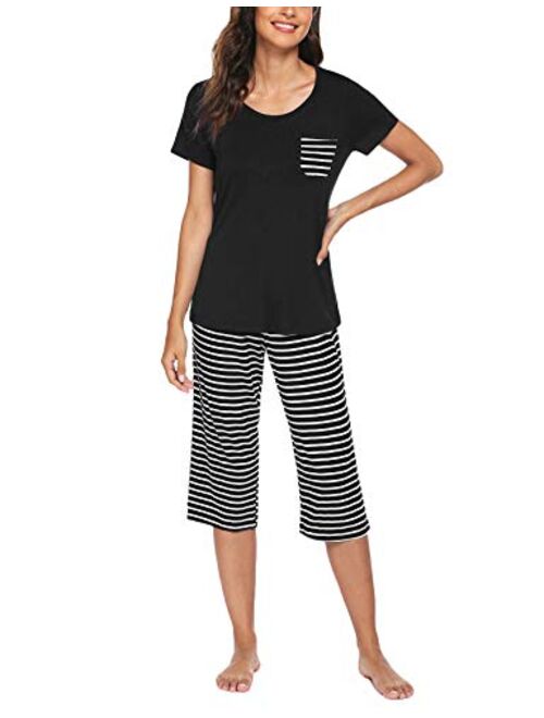 Hotouch Womens Pajamas Set Lace Short Sleeve Sleepwear Top with Capri Pants Pjs Sets S-XXL 