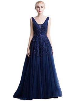 Babyonline Women's Double V-Neck Tulle Appliques Long Evening Embellished Cocktail Gowns