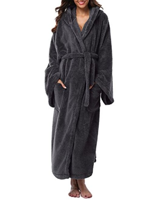 VIKEY Long Hooded Bathrobe for Women's Plush Coral Velvet Robe Soft Pajamas Shower Nightgown