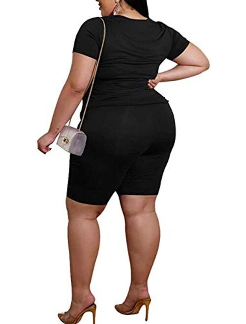 Plus Size Short Sets - Stretchy Two Piece Outfit Plus Size T Shirt Tops + Shorts Joggers