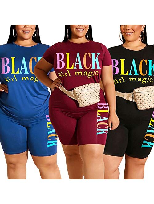 Plus Size Short Sets - Stretchy Two Piece Outfit Plus Size T Shirt Tops + Shorts Joggers
