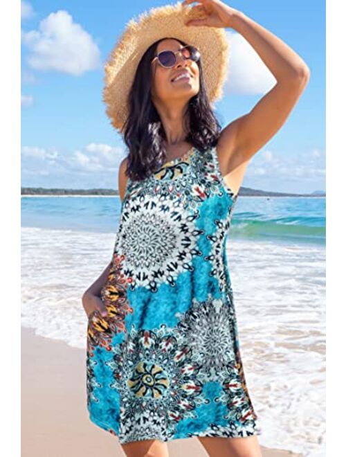 elescat Summer Dresses for Women Beach Floral Tshirt Sundress Sleeveless Pockets Casual Loose Tank Dress