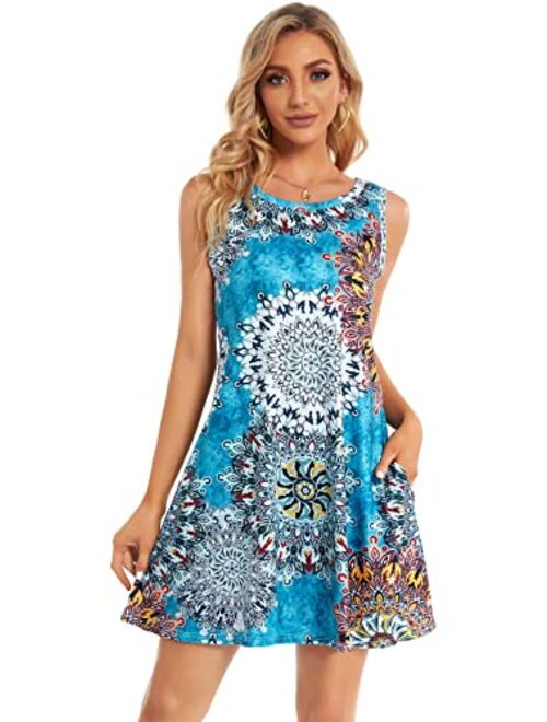 elescat Summer Dresses for Women Beach Floral Tshirt Sundress Sleeveless Pockets Casual Loose Tank Dress