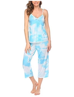 Womens Pajamas Set V-Neck Cami Top and Capris Pants Sleepwear Pjs Set S-XXL