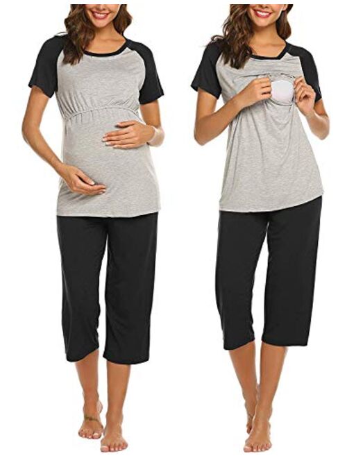 Ekouaer Double Layers Labor/Delivery/Nursing Maternity Pajamas Capri Set for Hospital Home, Baseball Shirt,Adjustable Size