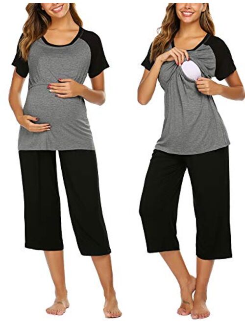 Ekouaer Double Layers Labor/Delivery/Nursing Maternity Pajamas Capri Set Baseball Shirt,Adjustable Size 