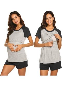 Womens Maternity Nursing Pajamas for Hospital Short Raglan Sleeve Baseball Pregnancy Breastfeeding Sleepwear Set