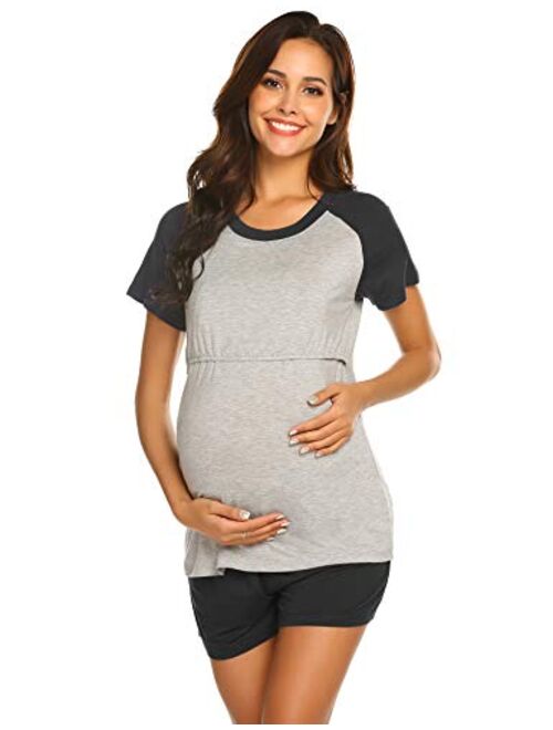 Ekouaer Womens Maternity Nursing Pajamas for Hospital Short Raglan Sleeve Baseball Pregnancy Breastfeeding Sleepwear Set