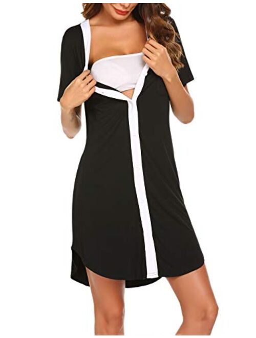 Ekouaer Nursing Sleepshirt Women Button-Front Nightshirt Short Sleeve Nightgown Breastfeeding Sleepwear S-XXL 