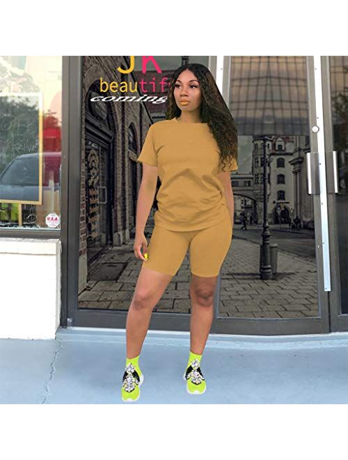 Women Two Piece Outfits Sets - Tracksuit Set Short Sleeve T Shirts + Skinny Short Pants Jogging Suits Rompers