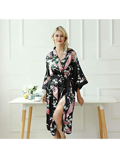 MISSFASHION Womens Lounge wear Satin Kimono Robe Peacock Pajamas for Women