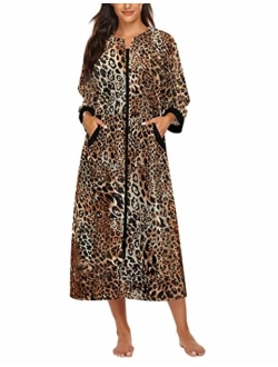 Women Zipper Robe 3/4 Sleeves Loungewear Full Length Sleepwear Pockets Housecoat Long Soft Bathrobe