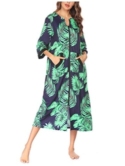 Women Zipper Robe 3/4 Sleeves Loungewear Full Length Sleepwear Pockets Housecoat Long Soft Bathrobe