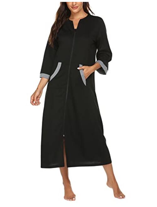 Ekouaer Women Zipper Robe 3/4 Sleeves Loungewear Full Length Sleepwear Pockets Housecoat Long Soft Bathrobe