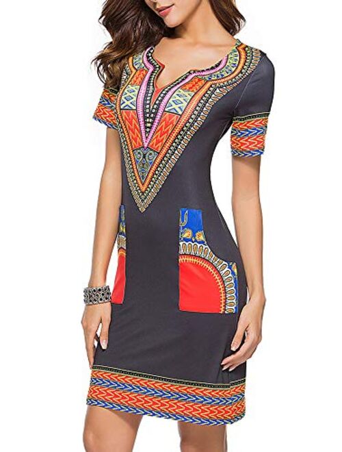 shekiss Womens Dashiki African Bodycon Dresses Bohemian Vintage Print Club Midi V-Neck Pockets 