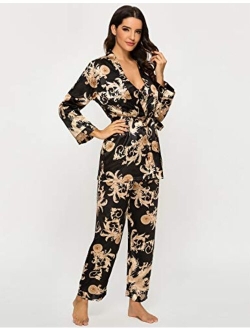 Escalier Women's Silk Satin Pajamas Set 3 Pcs Floral Silky Pj Sets Sleepwear Cami Nightwear with Robe and Pants