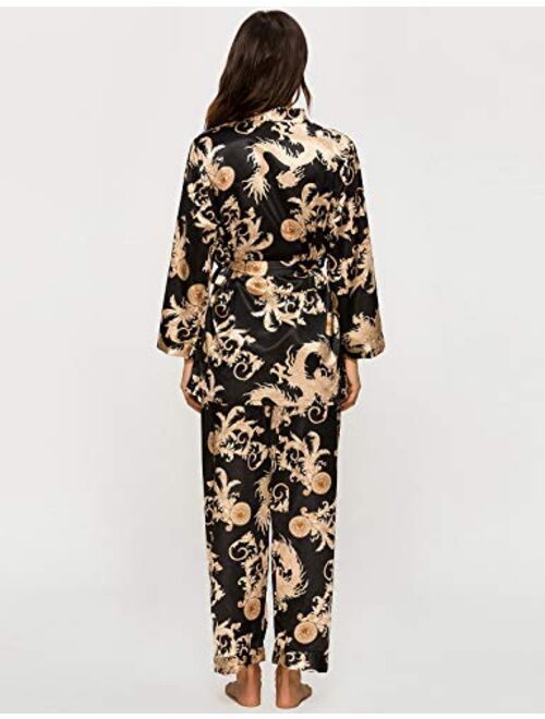 Escalier Women's Silk Satin Pajamas Set 3 Pcs Floral Silky Pj Sets Sleepwear Cami Nightwear with Robe and Pants