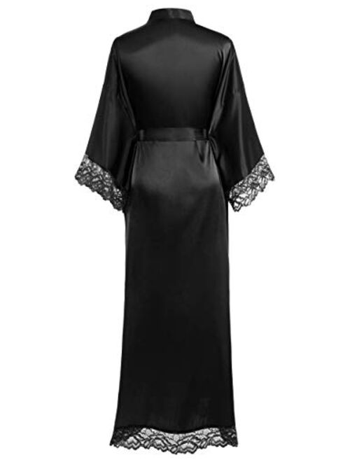 BABEYOND Satin Kimono Robe Long Bridesmaid Wedding Bath Robe with Lace Trim