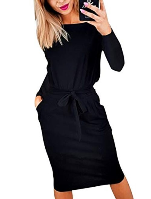 PRETTYGARDEN Women's 2020 Casual Long Sleeve Party Bodycon Sheath Belted Dress with Pockets