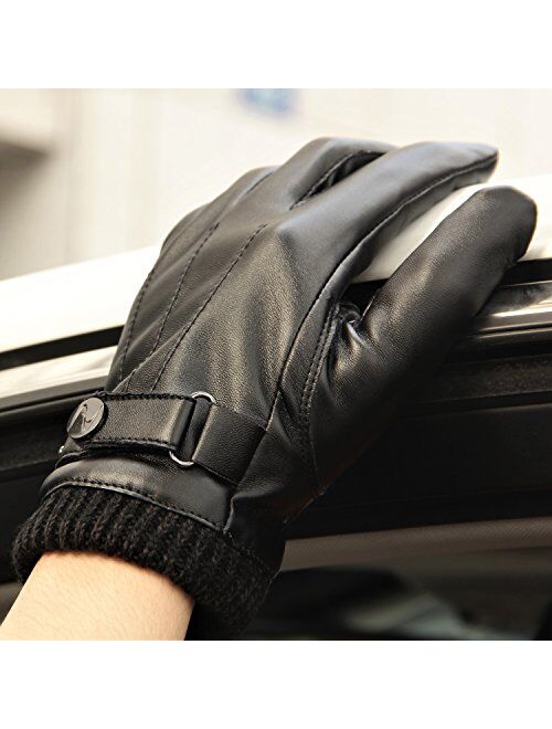 Nappaglo Men's PU Leather Gloves Touchscreen Texting Winter Driving Gloves with Long Fleece Lining & Wool Cashmere Cuff