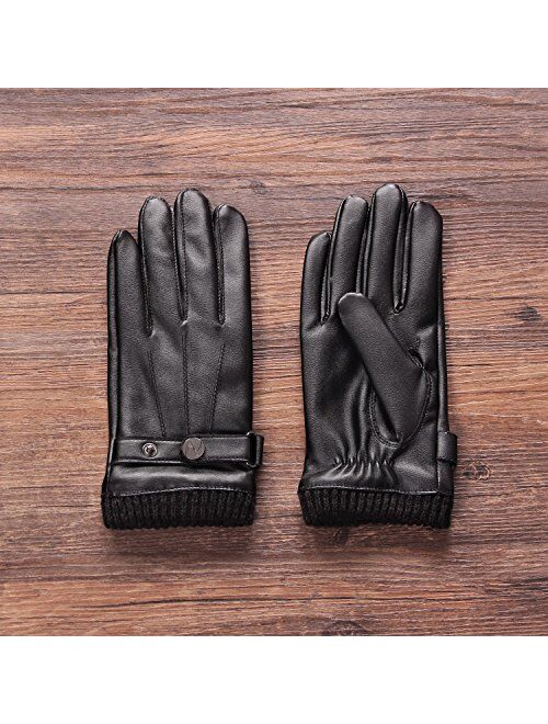 Nappaglo Men's PU Leather Gloves Touchscreen Texting Winter Driving Gloves with Long Fleece Lining & Wool Cashmere Cuff