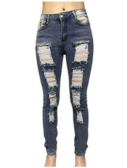 Sexyshine Women's High Waisted Skinny Destroyed Ripped Hole Denim Pants Long Stretch Pencil Jeans