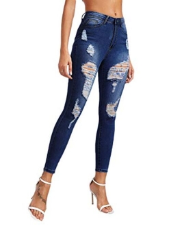Women's Hight Waisted Stretch Ripped Skinny Jeans Distressed Denim Pants