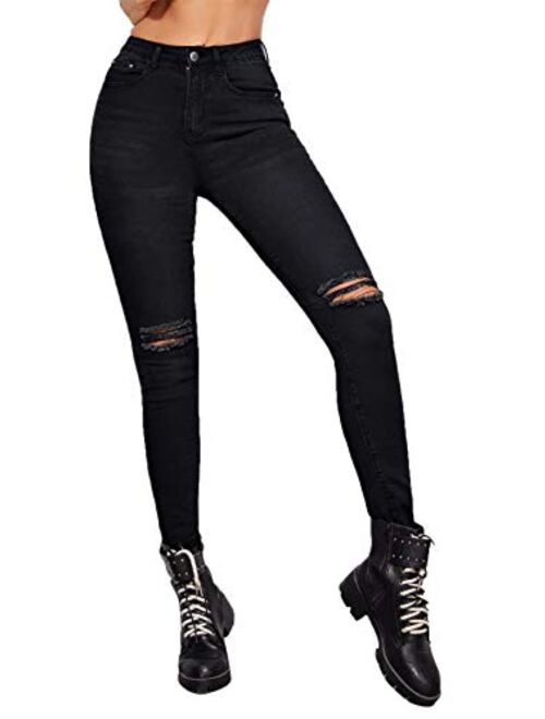 SweatyRocks Women's Hight Waisted Stretch Ripped Skinny Jeans Distressed Denim Pants