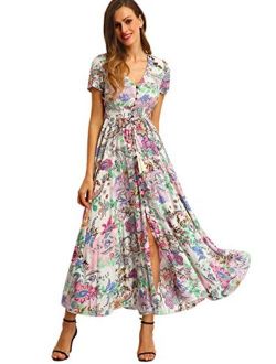 Women's Button Up Split Floral Print Flowy Party Maxi Dress Multicolour