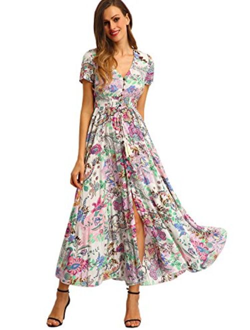 Milumia Women's Button Up Split Floral Print Flowy Party Maxi Dress Multicolour