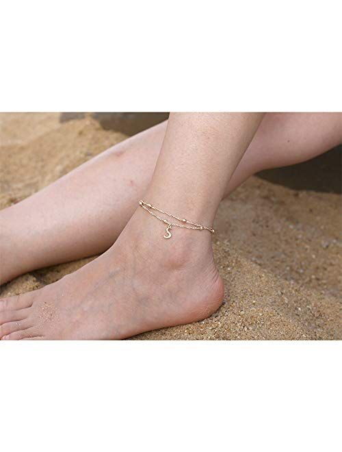 MONOOC Initial Ankle Bracelets for Women, 14K Gold Plated Dainty Layered Beaded Letter Anklet with Initials Cute Boho Summer Anklets Alphabet Ankle Bracelets for Women Te