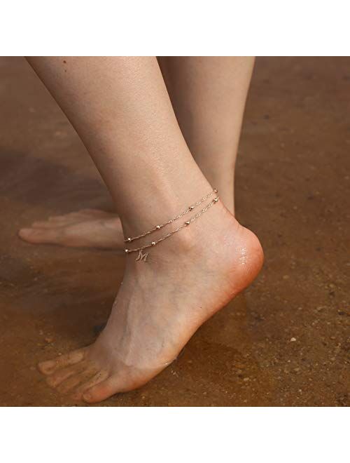 MONOOC Initial Ankle Bracelets for Women, 14K Gold Plated Dainty Layered Beaded Letter Anklet with Initials Cute Boho Summer Anklets Alphabet Ankle Bracelets for Women Te