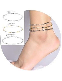 hoduar Stainless Steel Anklet, Two Tone Cross Ankle Bracelets Adjustable Beads Jewelry Chains 3Pcs Set [8.2