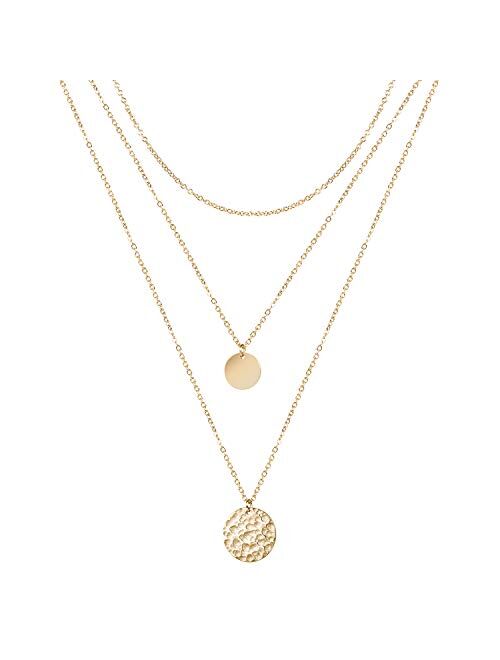 Forevereally Dainty Disc Chokers Necklace Layered Circle Necklace Bar Y Pendant Necklace 14K Real Gold Plated Necklace for Women