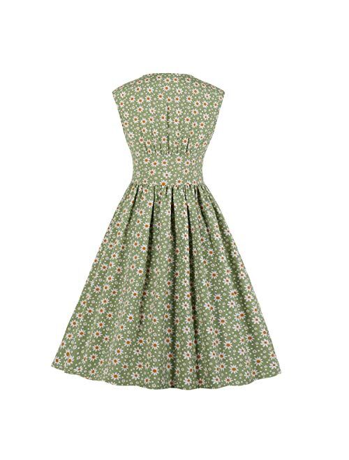 Wellwits Women's Split Neck Floral Button 1940s Day 1950s Vintage Tea Dress
